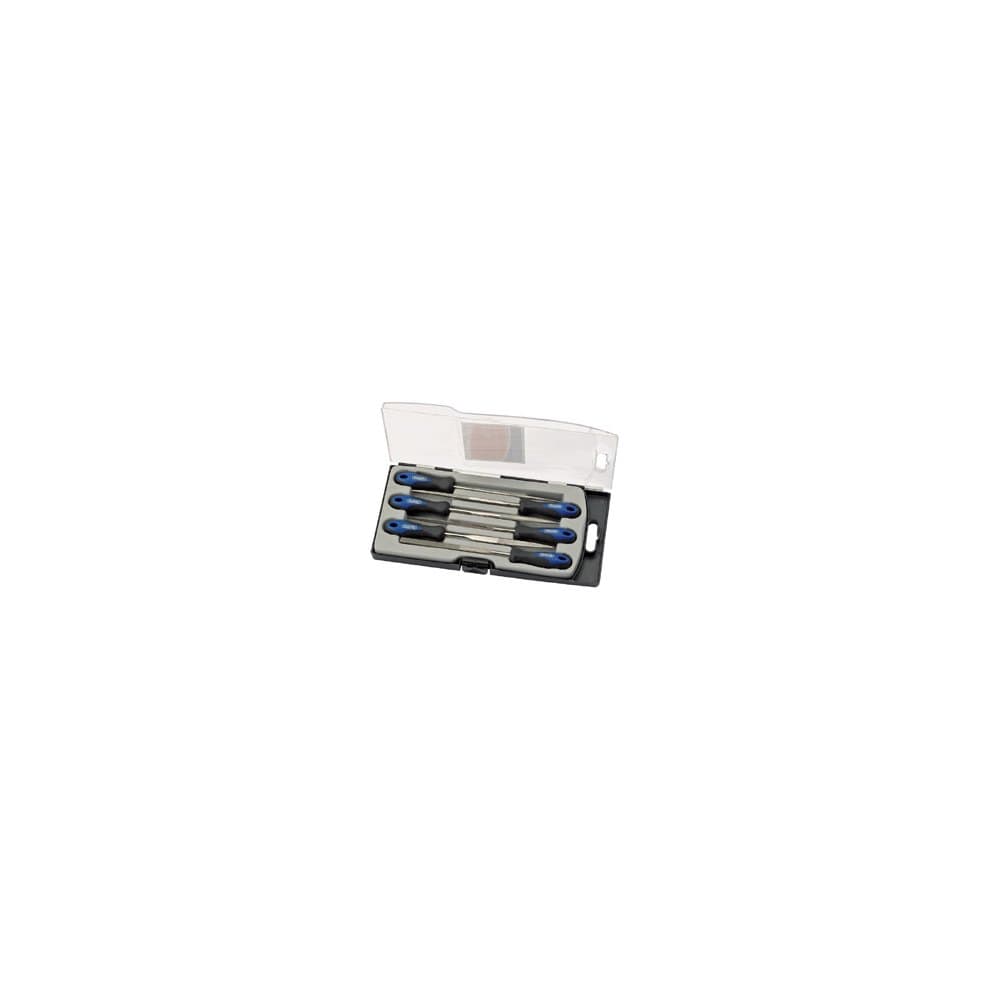 Six-piece set of 150mm diamond needle files in a clear plastic case, featuring soft grip handles in blue and silver, ideal for precision filing tasks.