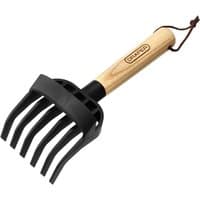 Wood-handled Draper 6 Tine Hand Cultivator with black metal tines and a leather hanging loop.