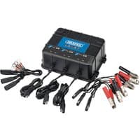 Draper 6V/12V 3 Bank Charger Station, black with multiple charging cables and clamps, blue logo on top.