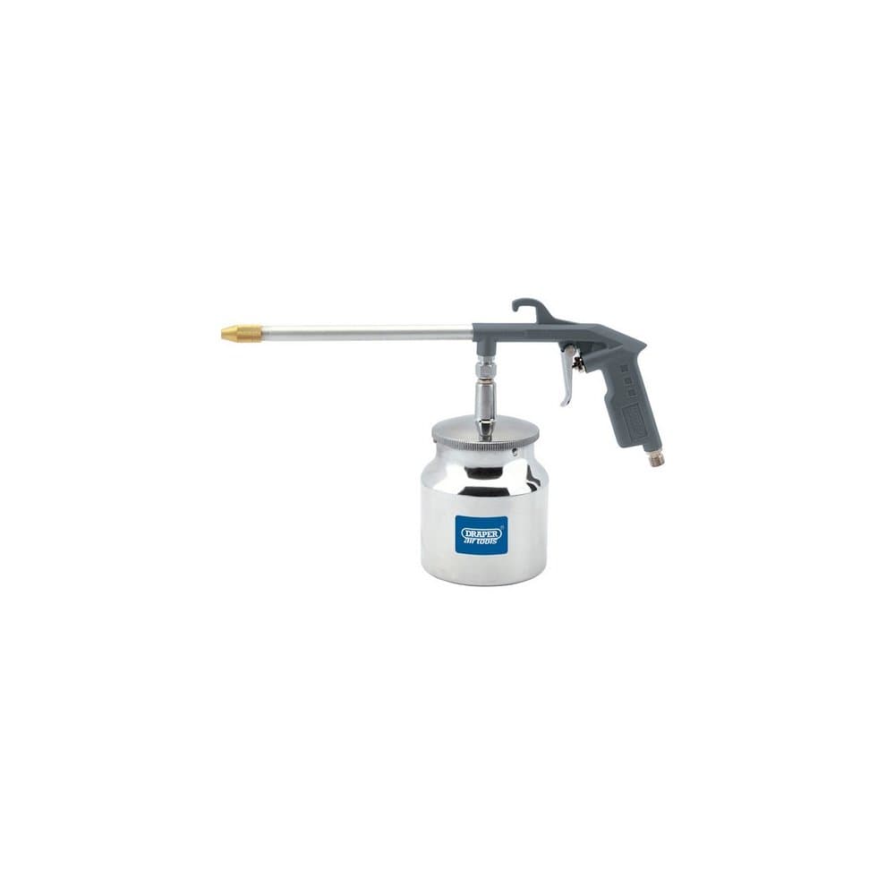 Silver metal tank with a gray plastic handle and nozzle, featuring a long metal spout, labeled with the Draper logo, designed for air paraffin or washing applications.