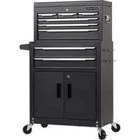 Black Draper 8 Drawer Roller Cabinet and Tool Chest with silver handles and swivel casters.