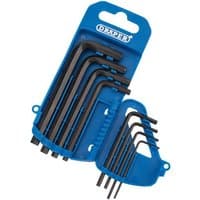 Blue Draper hexagon key set with eight black L-shaped keys in various sizes.