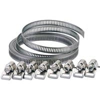 Silver Draper 8MM wide hose clamp set with adjustable screw mechanism and perforated metal band.