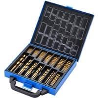 Blue carry case with 99 gold titanium nitride-coated HSS drill bits organized in labeled compartments.