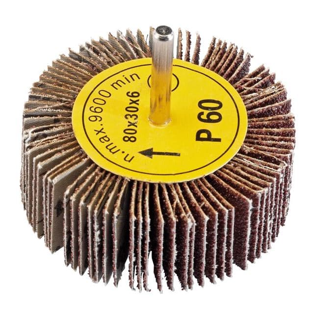 A round abrasive flap wheel with a central metal shaft, featuring multiple overlapping sandpaper flaps in brown, labeled with "P60" and specifications of 80mm x 30mm.