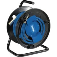 Black and blue Draper air hose reel with metal frame and coiled hose.