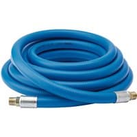 Blue Draper air line hose, 5m length, 3/8" bore, with 1/4" BSP brass connectors, coiled neatly.