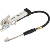Draper air line inflator, silver body, black hose, twin open ended push connectors, ergonomic grip handle.