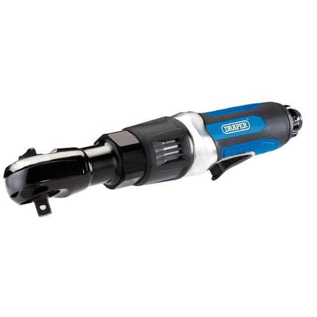 Draper 84126 air ratchet features a black and silver body with a blue grip, 3/8" square drive, and a trigger for easy operation, ideal for automotive and mechanical tasks.