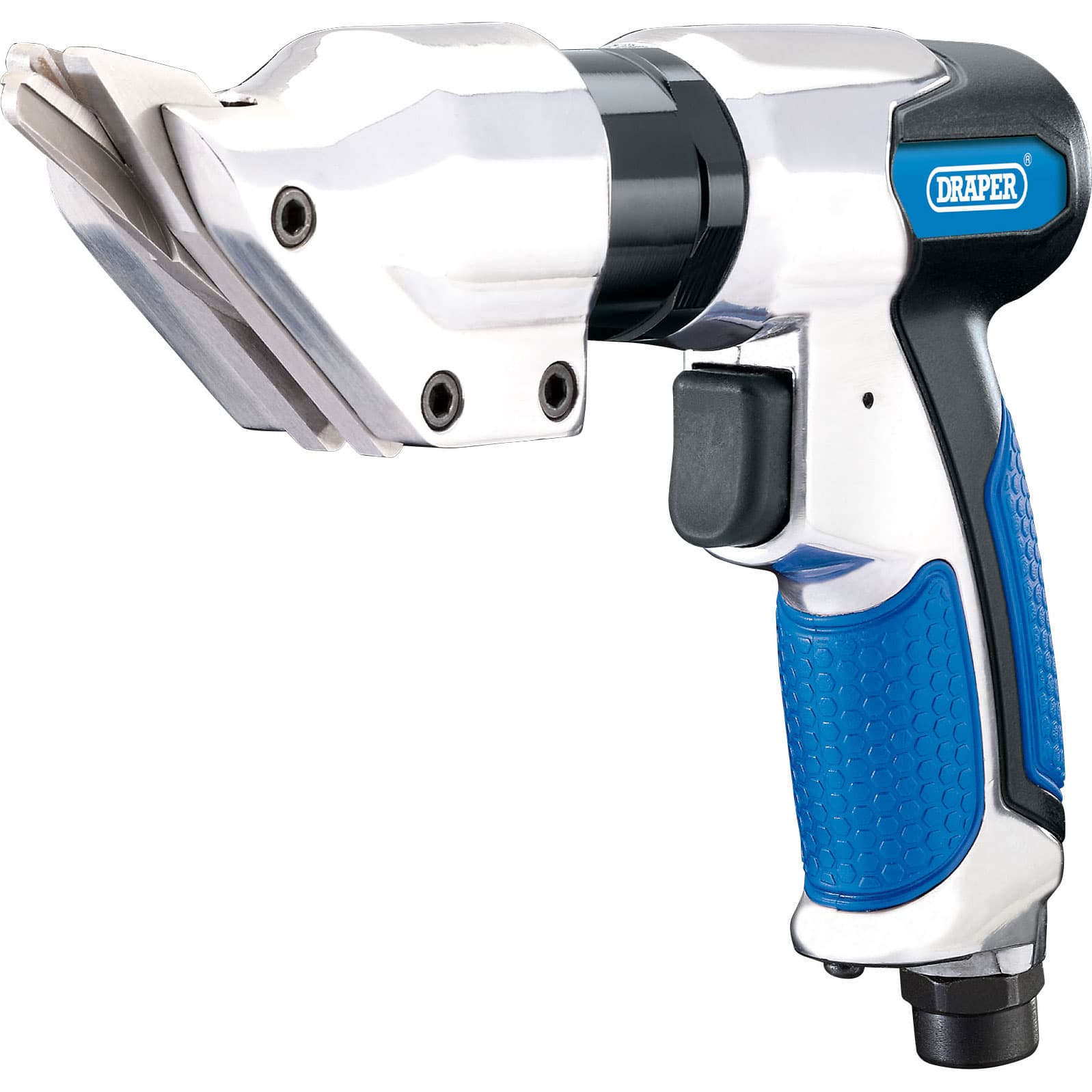 Draper 84130 Air Shears feature a metallic silver body with a blue rubber grip, a trigger handle, and sharp stainless steel blades for cutting metal sheets.