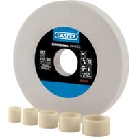 White Draper aluminium oxide bench grinding wheel, 150 x 20mm, 80 grit, with blue and black label.