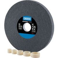Draper grey grinding wheel, 200x25mm, 60 grit, with blue label and five beige bushings.