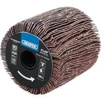 Draper Aluminium Oxide Flap Wheel, 60x60mm, 80 Grit, cylindrical with layered abrasive flaps and blue label.