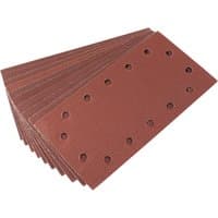 Pack of Draper aluminium oxide sanding sheets, 115 x 227mm, 100 grit, brown with pre-punched holes.