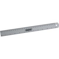 Silver Draper aluminium rule, 300mm/12", with black measurement markings and a hole for hanging.