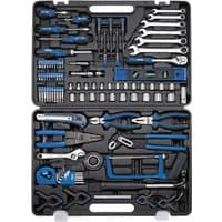 Black and blue Draper 138-piece tool kit with wrenches, pliers, screwdrivers, sockets, and a spirit level in a case.