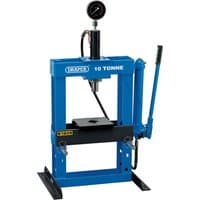 Blue Draper Bench Press, 10 Tonne, with hydraulic gauge, lever, and sturdy steel frame.