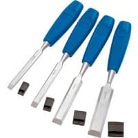 Draper Bevel Edge Wood Chisel Set with blue handles and silver blades, includes four chisels and black blade guards.