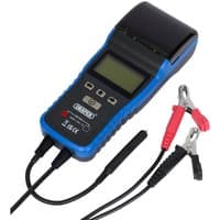 Draper BFT4 12v digital brake fluid tester with LCD screen, blue casing, and attached printer, red and black clamps.