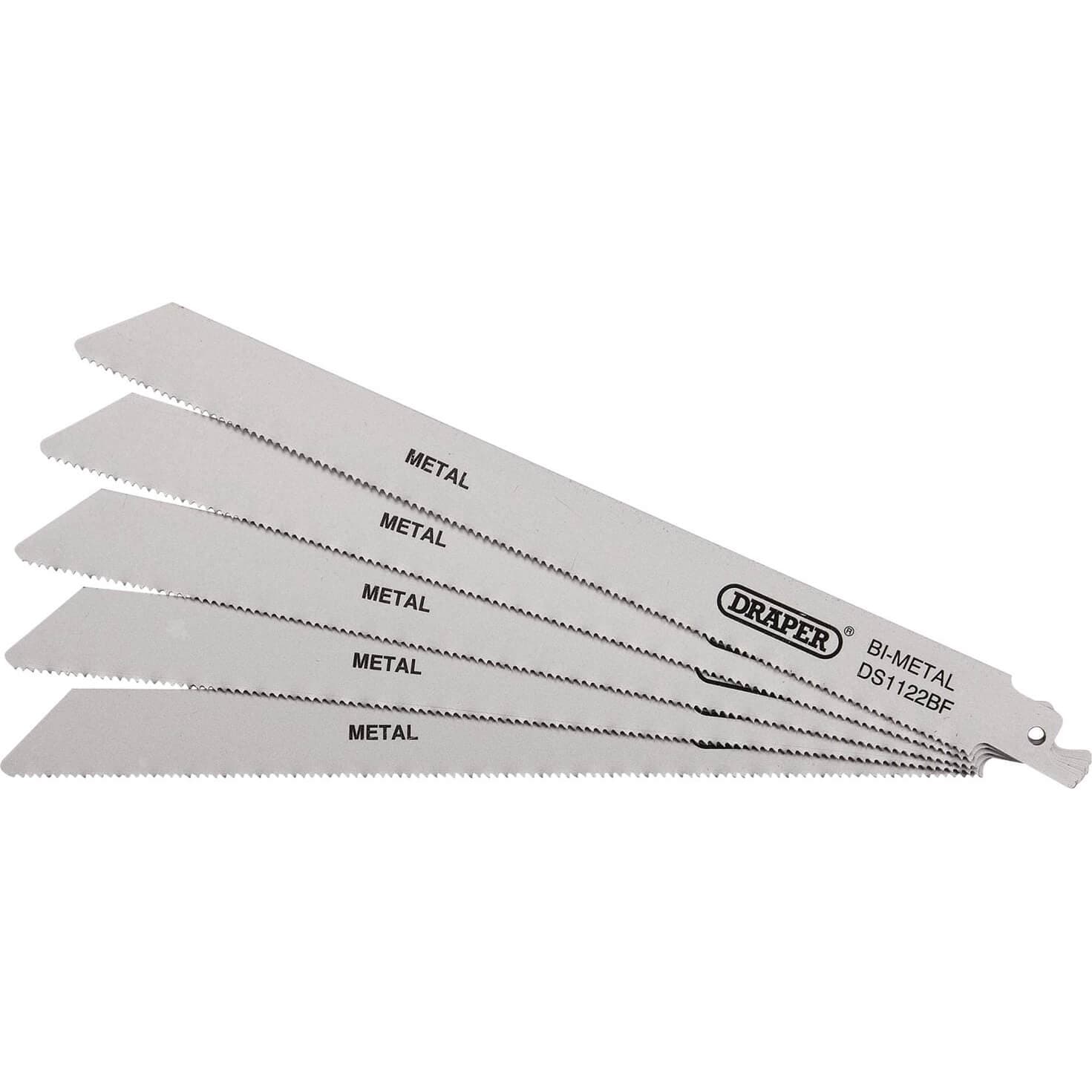 Five silver bi-metal reciprocating saw blades for metal cutting, each marked "METAL," featuring sharp teeth and a sturdy design, measuring 225mm in length.