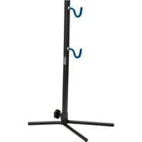Black Draper bicycle cleaning stand with two blue hooks and tripod base.