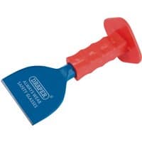 Blue Draper brick bolster with red hand guard, 225 x 100mm, featuring a wide chisel blade and ergonomic grip.