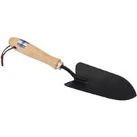 Black carbon steel hand trowel with a smooth hardwood handle and leather hanging loop.