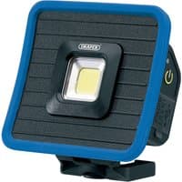 Blue Draper COB LED mini flood light, square with magnetic base, hanging hook, USB-C port, and central LED panel.