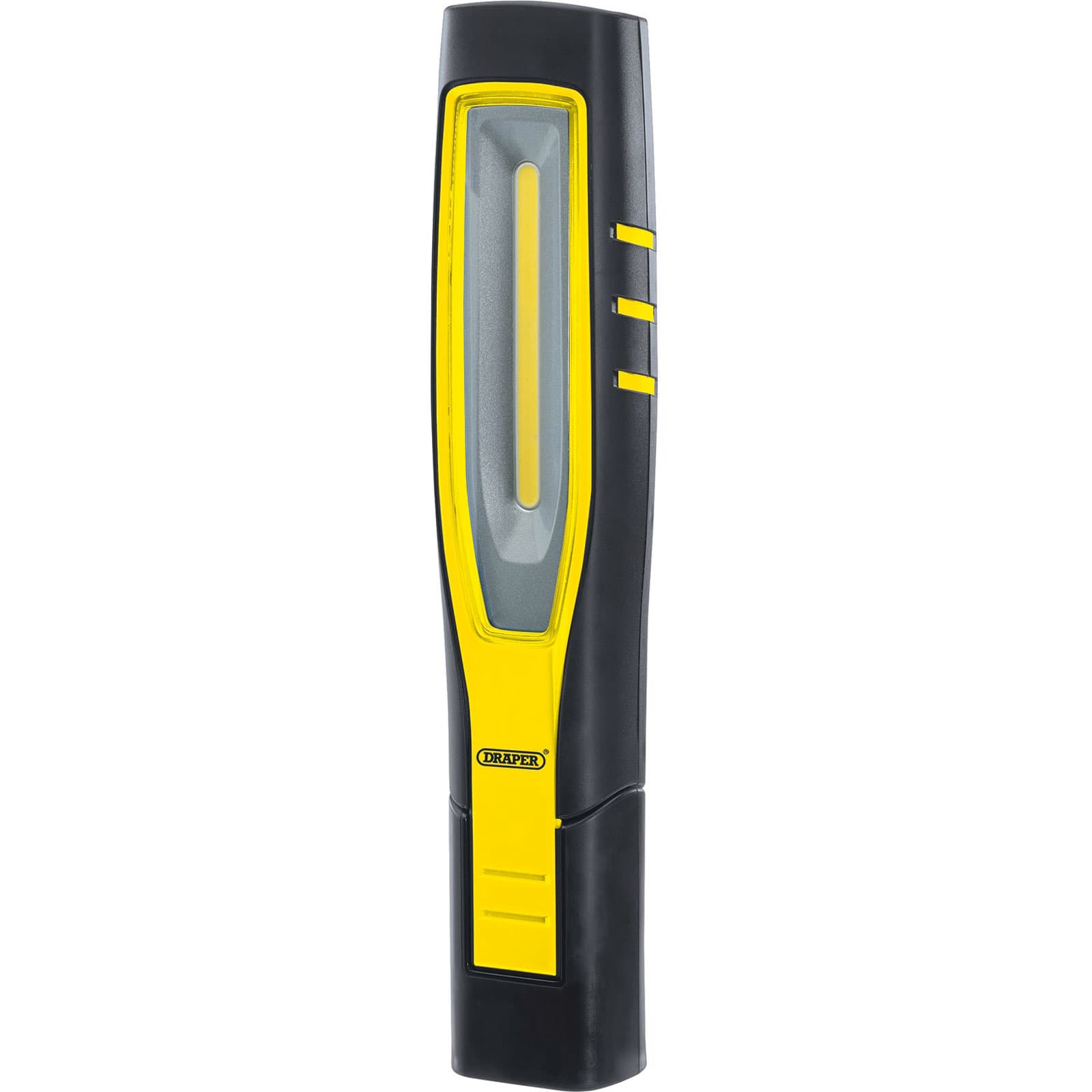 Rechargeable inspection lamp featuring a sleek black body with bright yellow accents, a long rectangular light panel, and a sturdy grip for easy handling.