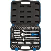 Draper 39-piece socket set with ratchet, extensions, and sockets in a black and blue hard plastic case.