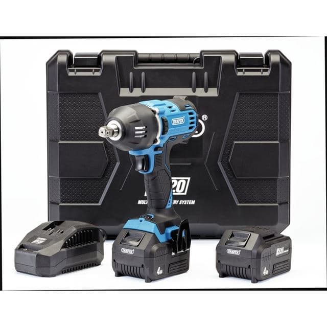 Draper 99251 D20 20V MidTorque Impact Wrench in blue and black, includes two 4Ah batteries and a charger, all housed in a sturdy black carrying case.