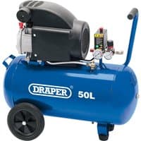 Blue Draper 50L air compressor with black motor, pressure gauges, and wheels, featuring a handle for easy transport.