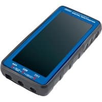 Blue and black Draper DMM500 touch screen digital multimeter with rubberized edges and three input ports.