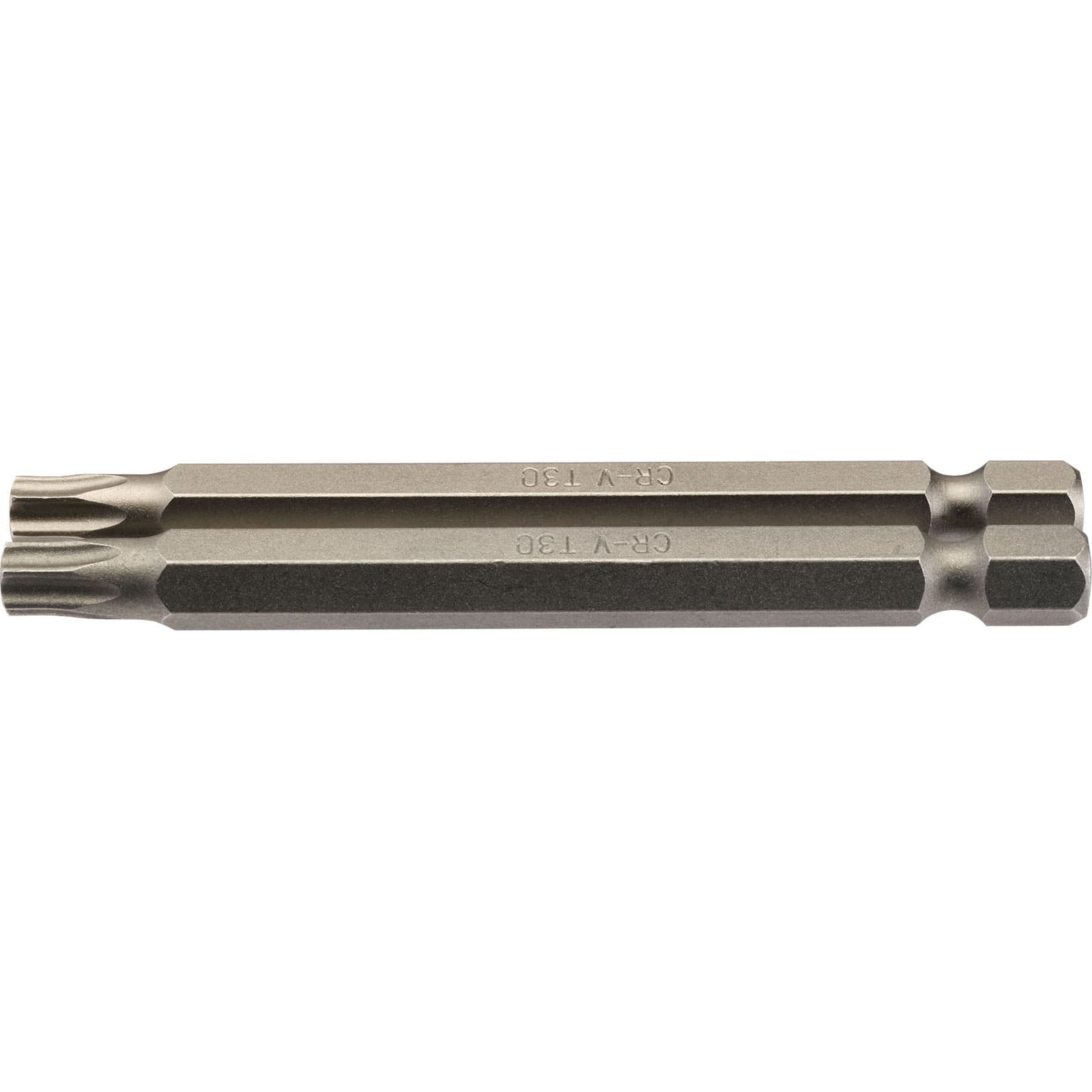 Steel 75mm long T30 TX-STAR® insert bit with a 1/4" hex shank, featuring a silver metallic finish and engraved markings for easy identification.
