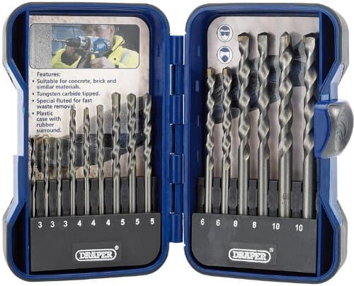 15-piece masonry drill bit set in a blue plastic case, featuring tungsten carbide tips, with bits ranging from sizes 3 to 10, and a rubber surround for secure storage.
