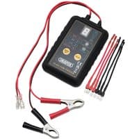 Black Draper ETIT 5v/12v Injector Tester with red and black cables, clamps, and LED indicators on the front panel.