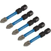 Set of five Draper Expert impact screwdriver bits, blue and silver with black hex base, marked "Ph2" and "Cross Slot".