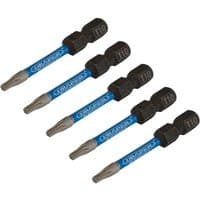 Set of five Draper Expert T10 Tx-Star® impact screwdriver bits, 50mm length, 1/4in hex, with blue and silver tips.