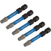 Pack of five Draper Expert Tx-Star T27 impact screwdriver bits, 50mm length, blue and black with hex shank.