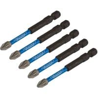 Pack of 5 black and blue Draper Expert Pz-Type impact screwdriver bits, No.2 X 75mm, with 1/4in hex shank.