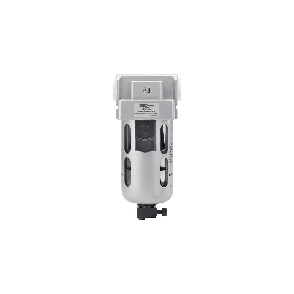 Silver metal filter unit with a clear cylindrical body, featuring a black valve at the bottom and a label on the front, designed for 1/2" BSP connections.