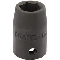 Black Draper Expert 1/2" square drive impact socket, 14mm, with engraved logo and hexagonal opening.