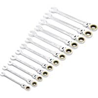 Silver Draper 12-piece ratchet spanner set with flexible heads and Hi-Torq design, arranged in size order.