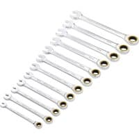 Draper Expert 12 Piece Hi-Torq Ratchet Combination Spanner Set, silver with gold ringed ratchet ends, various sizes.