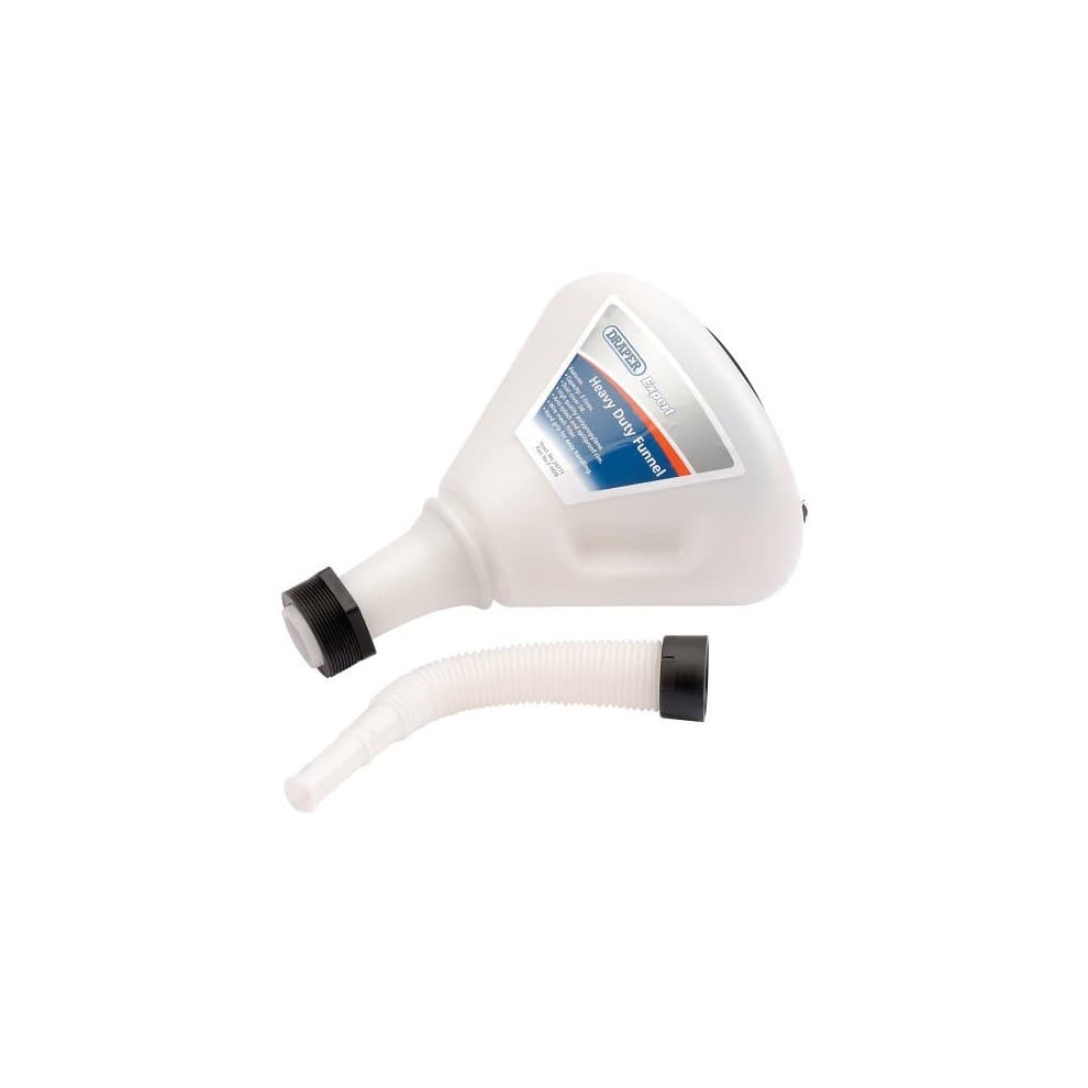 White polypropylene funnel with a 230mm diameter, featuring a black threaded neck and a flexible, detachable hose for easy pouring.