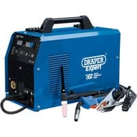 Blue Draper Expert 3-in-1 Multi-Process Welder with black handle, control panel, and attached cables.