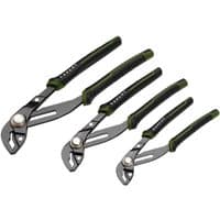 Black and green Draper Expert water pump pliers set with quick release, featuring three different sizes.