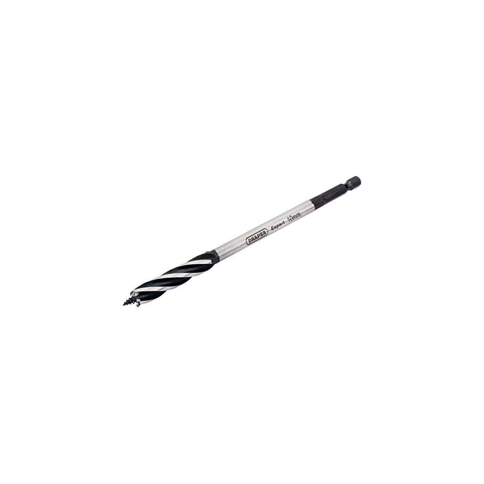 Four fluted auger bit with a black spiral design, silver shank, and a length of 165mm, featuring a sharp tip for effective drilling, labeled with "Draper Expert 35087."