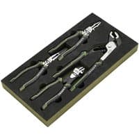 Draper Expert pliers set with black handles in foam tray, includes four high leverage pliers of varying sizes.