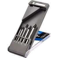 Draper Expert 5 Piece TCT Ceramic Tile Drill Bit Set in gray case, featuring five silver bits with black tips.